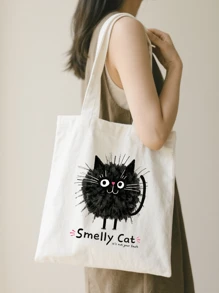 1pc Fashion "Smelly Cat" Printed Canvas Women's Handbag Shoulder Bag Tote Bag - Large Single Shoulder Handbag With Fixed Strap, Perfect For Shopping, Beach, Work, Travel, Fitness, Grocery And Outdoor Activities, Beach Tote Bag | Playful Printed Tote Bag | Sturdy Handle Handbag, Back To School Gift, Graduation Gift, Birthday Gift, Thanksgiving Gift, Teacher Gift, Christmas Gift, New Year Gift, First Choice Gift, Washable And Reusable