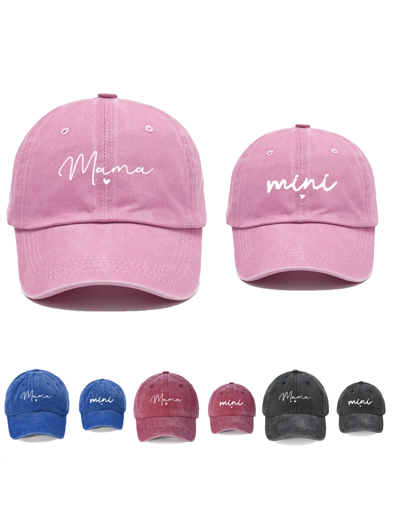 2 件 MAMA+MINI 心形设计可调节水洗棒球帽，户外防晒休闲帽，适合春秋季节、旅行、海滩的男孩和女孩