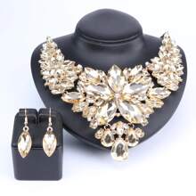 1set Fashionable Charming Gold-Plated Purple Crystal Rhinestone Water Drop Necklace & Earrings Jewelry Set, Suitable For Women Wedding, Ball, Party, Birthday, Holiday Gift