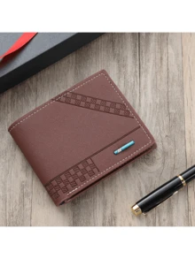 1 件复古设计男士钱包，大容量多卡位商务休闲皮革双折钱包带钞票隔层 - 格紋 - 查看 3