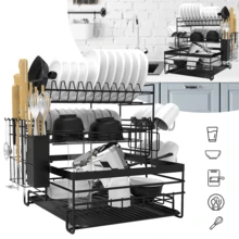 3 Tier Dish Drainer Rack With Drip Tray Cutlery Holder Plate Rack Kitchen Sink BLACK - 黑色 - 查看 2