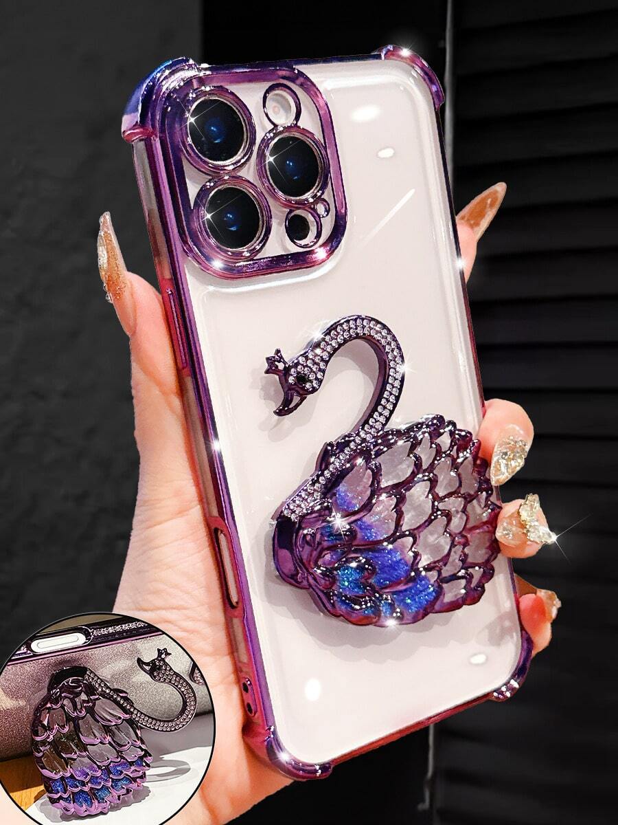 Ốp điện thoại mạ điện trong suốt màu tím sang trọng năm 2025, giá đỡ hình thiên nga sáng tạo, đính đá lấp lánh, phong cách Y2K, chống sốc, ốp bảo vệ silicon mềm thời trang mùa hè mới, tương thích với iPhone 16/16E/15/14/13/12/11/X/XS/XR/8/7 Plus/Pro/Max/Mini, Galaxy S24/S25 Ultra. Honor, Reno. Dành cho nữ, phiên bản quốc tế, không phải phiên bản nội địa.