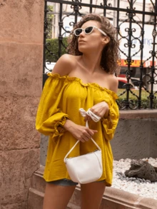 Blusa casuales de trabajo y vacaciones de color sólido para mujer Tejido liso, diseño ajustable con hombros descubiertos - Amarillo - Ver 2