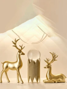 1 pieza de estatua de reno de resina sentado de estilo navideño para decoración del hogar rural, interior, sala de estar, entrada o escritorio. Estatua decorativa de reno en color dorado. - Multicolor - Ver 3