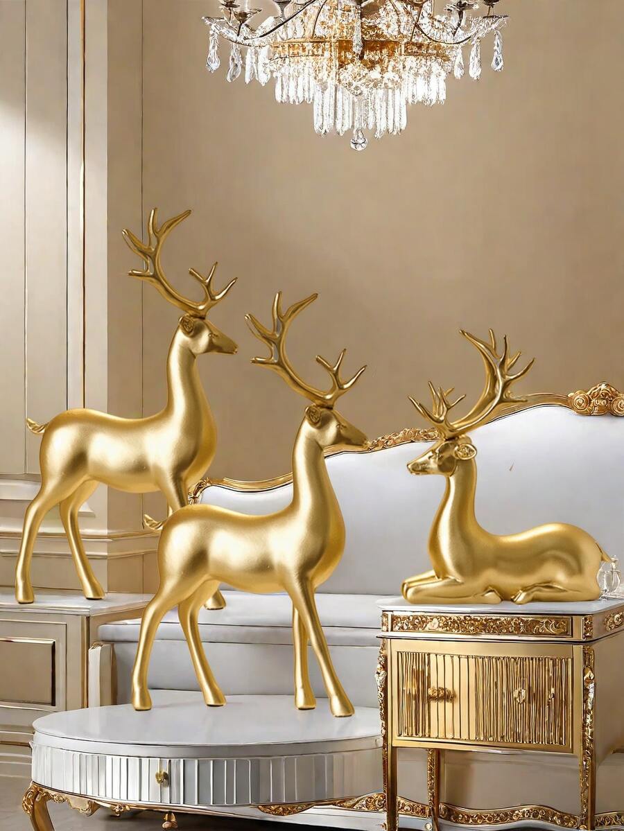 1 pieza de estatua de reno de resina sentado de estilo navideño para decoración del hogar rural, interior, sala de estar, entrada o escritorio. Estatua decorativa de reno en color dorado.