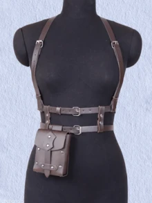 1 Set Fashion Women PU Leather Harness Suspender Vintage Dark Brown Waist Belt With Detailed Fanny Pack, Versatile Punk Double Layer Waist Belt - Brown - View 2
