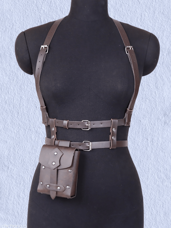 1 Set Fashion Women PU Leather Harness Suspender Vintage Dark Brown Waist Belt With Detailed Fanny Pack, Versatile Punk Double Layer Waist Belt