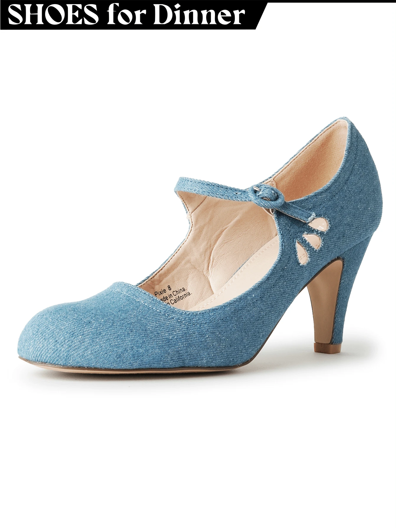 Women Cutout Mary Jane Mid Heels – Round Almond Toe Vintage Cone Heel Pumps With Ankle Strap For Spring Summer Weddings, Parties, Bridesmaids, Office & Everyday Wear [Size Up Half Size] - 牛仔布 - 查看 1