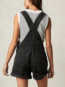 Women Summer Denim Bib Overalls Jumpsuits Adjustable Straps Romper With Pocket Casual Rolled Cuff Shortalls Streetwear - 黑色 - 查看 5