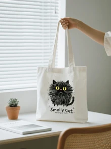 1pc Fashion "Smelly Cat" Printed Canvas Women's Handbag Shoulder Bag Tote Bag - Large Single Shoulder Handbag With Fixed Strap, Perfect For Shopping, Beach, Work, Travel, Fitness, Grocery And Outdoor Activities, Beach Tote Bag | Playful Printed Tote Bag | Sturdy Handle Handbag, Back To School Gift, Graduation Gift, Birthday Gift, Thanksgiving Gift, Teacher Gift, Christmas Gift, New Year Gift, First Choice Gift, Washable And Reusable