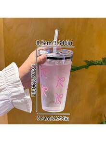 1 chiếc cốc thủy tinh hình nơ 450ml (có ống hút), đựng sữa, cà phê, latte, nước ép tối giản, quay lại trường học - trong suốt - Xem 4
