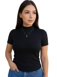 Women's Ribbed Turtleneck Short Sleeve Blouse - Black - View 2