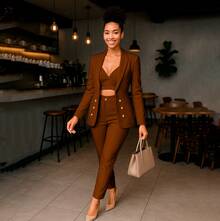 Conjunto de 3 piezas blazer de doble botonadura top corto y pantalón - Marrón - Ver 2