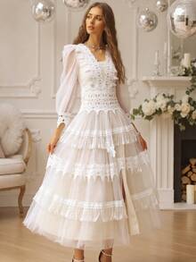 1 件女士优雅波西米亚复古透明网眼正式晚会礼服，奢华手工，适合婚礼、生日、周年纪念、高端秋季时尚