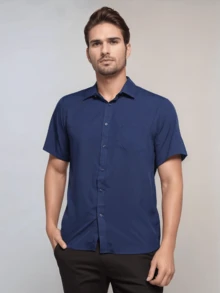 Rand paul Men's Plain Slim Fit Short Sleeve Dress Shirt With Pocket - 寶藍色 - 查看 1