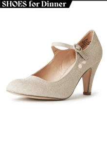 Women Cutout Mary Jane Mid Heels – Round Almond Toe Vintage Cone Heel Pumps With Ankle Strap For Spring Summer Weddings, Parties, Bridesmaids, Office & Everyday Wear [Size Up Half Size] - 金色亮片 - 查看 1