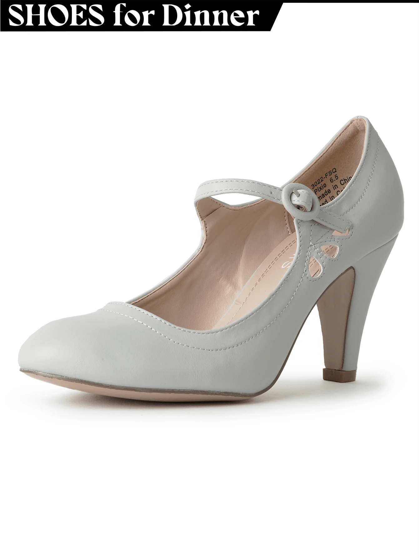 Women Cutout Mary Jane Mid Heels – Round Almond Toe Vintage Cone Heel Pumps With Ankle Strap For Spring Summer Weddings, Parties, Bridesmaids, Office & Everyday Wear [Size Up Half Size] - 灰色PU - 查看 1