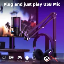 Kit de Microfone de Jogos Profissional USB, Microfone Condensador de Podcast com Braço de Boom e Luz RGB, Microfones Plug&Play para Transmissão, PC, Computador