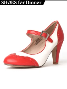 Women Mary Jane Pumps – Round Toe Retro Low Kitten Heels With Ankle Strap & Memory Foam Insole, Vintage 1950s Cone Heel Dress Shoes For Weddings, Bridesmaids, Date Night, Parties & Business Casual [Size Up Half Size] - 紅色奶油色PU - 查看 1
