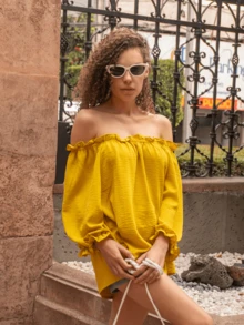 Blusa casuales de trabajo y vacaciones de color sólido para mujer Tejido liso, diseño ajustable con hombros descubiertos - Amarillo - Ver 1