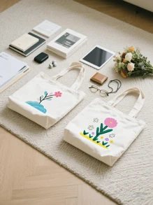 1pc Plant Flower Simple Fashion Canvas Print Handbag Shoulder Bag Tote Bag, Portable Storage Bag, Gift Packaging Bag, Laundry Bag, School Use, Home Decoration, Book Notebook Storage Bag, Snack Bag, Gift Storage Bag, Daily Necessities Storage Bag, Travel Storage Bag, Birthday Gift, Teacher Gift, Back To School Gift, Graduation Gift, Thanksgiving Gift, Christmas Gift, New Year Gift, Gift Essential, Washable And Reusable