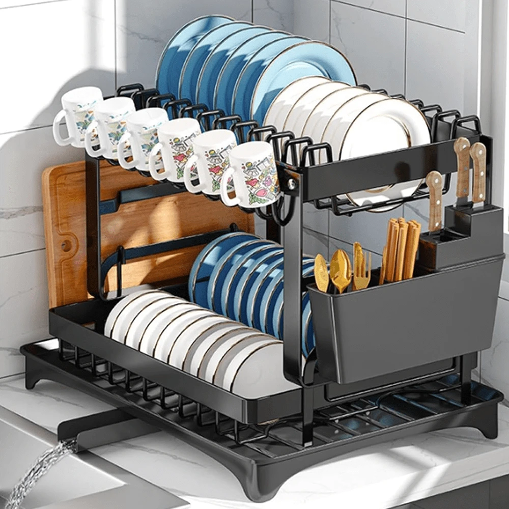 2 TIER KITCHEN SINK DISH DRAINER RACK WITH DRIP TRAY CUTLERY HOLDER PLATE RACK BLACK - 黑色 - 查看 1