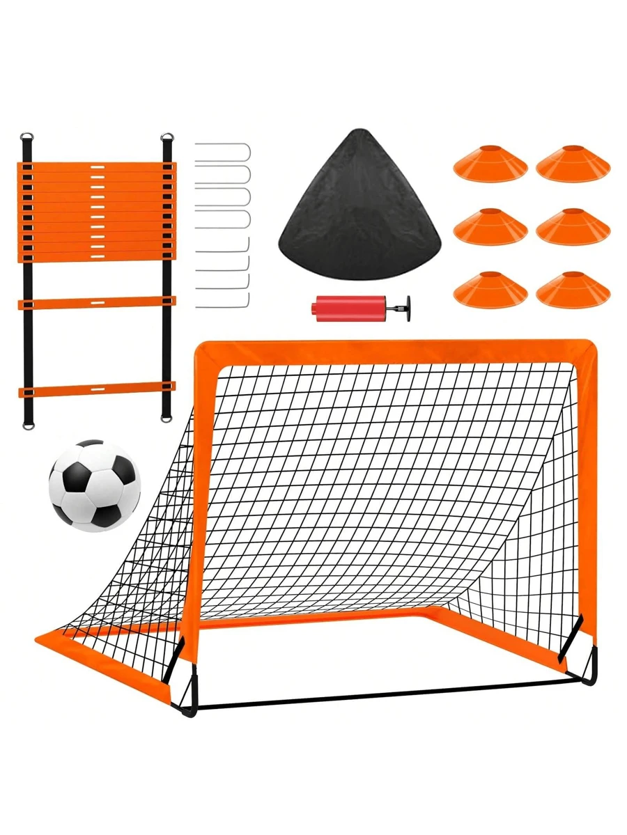 The 1PC4*3 Goal Set consists of 1 orange goal, a No. 3 soccer ball, 1 pump, 1 step ladder and 6 logo disc sets