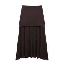 Seelio Women's Pleated Patchwork Knit Skirt, Spring/Summer New Arrival - Brown - View 2