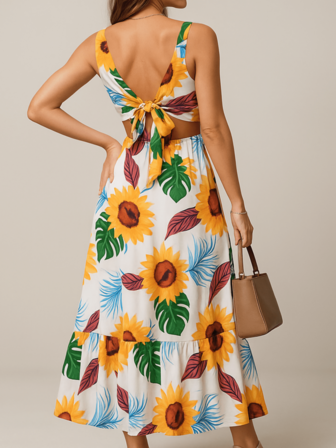 Vestido largo floral con espalda descubierta, elegante y sexy, para mujer, para primavera y verano, vacaciones y fiestas