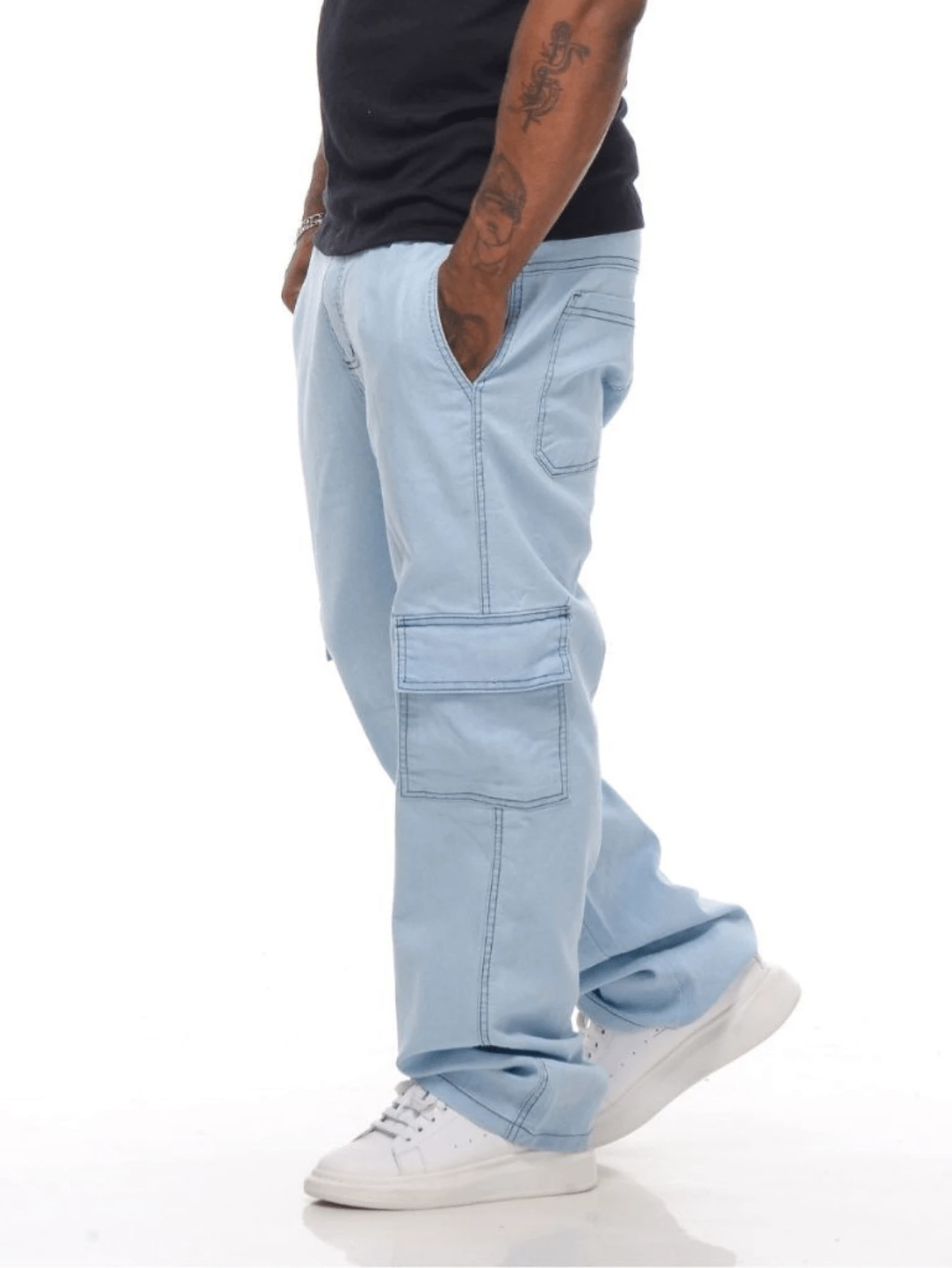 Black Cargo Pants Contrast Side Pockets Elastic Waist Black White Stitching Skater Street - Rửa nhẹ - Xem 1