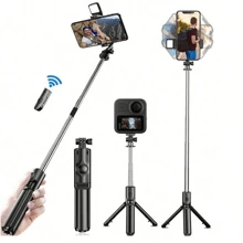 1pc Black Anti-Shake Selfie Stick With Tripod Stand, Extension Arm & Led Light, Universal 360 Degrees Automatic Rotation For Photographs And Live Streaming For Summer Vacation, Travel, Outdoor Activities, Live Streaming