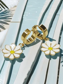 1 Pair Elegant Daisy Flower Hoop Earrings For Women, Chic, Sweet Perfect For Summer