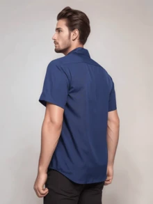 Rand paul Men's Plain Slim Fit Short Sleeve Dress Shirt With Pocket - 寶藍色 - 查看 2