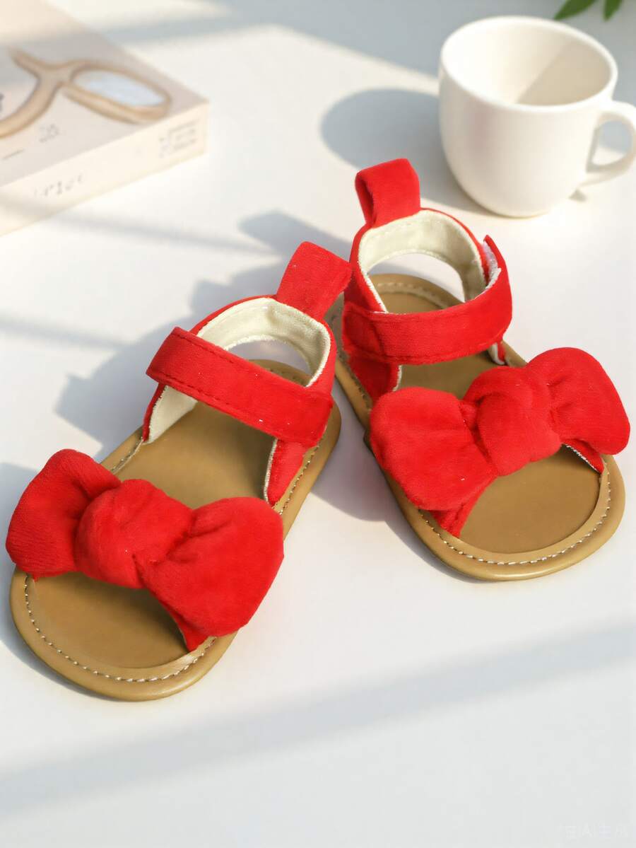 1 par de sandalias planas con decoración de lazo rojo, lindas y apropiadas para el verano - Rojo - Ver 1