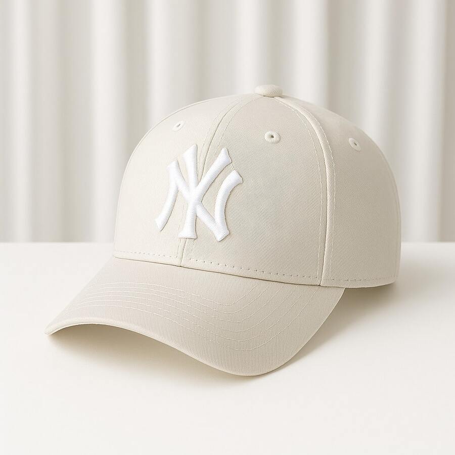 New York Curved Brim Baseball Cap Embroidered Men's Women's Premium Fitão Letter Street Embroidered Fabric Cap - 白色米色 - 查看 1