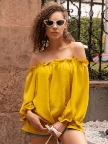 Blusa casuales de trabajo y vacaciones de color sólido para mujer Tejido liso, diseño ajustable con hombros descubiertos - Amarillo - Ver 3