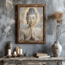 1pc Vintage Wall Art Decor, Contemporary Buddha Canvas Print, Framed Or Unframed Religion Poster For Living Room, Bedroom, Classroom, Bathroom, Restaurant, Indoor Portrait Orientation, Wood Frame, Spring/Winter Season Decor, Ideal Gift For Her/He - Multicolor - View 2