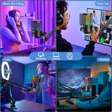Kit de Microfone de Jogos Profissional USB, Microfone Condensador de Podcast com Braço de Boom e Luz RGB, Microfones Plug&Play para Transmissão, PC, Computador