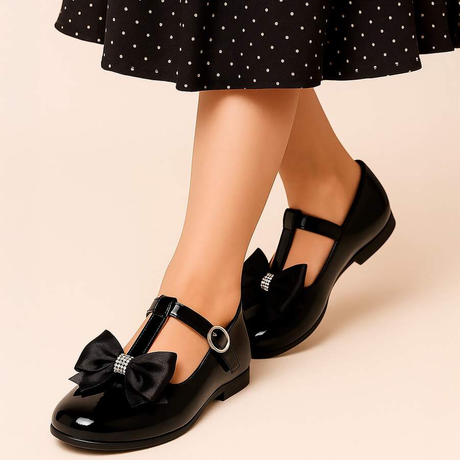 My ToT Girls' Mary Jane Doll Style Formal Shoes With Rhinestone Bow - Black - View 1