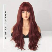 26inch Wine Red Wavy Long Hair With Bangs; Elegant And Noble; Soft Hair Quality; Mother's Day Gift And Party Event