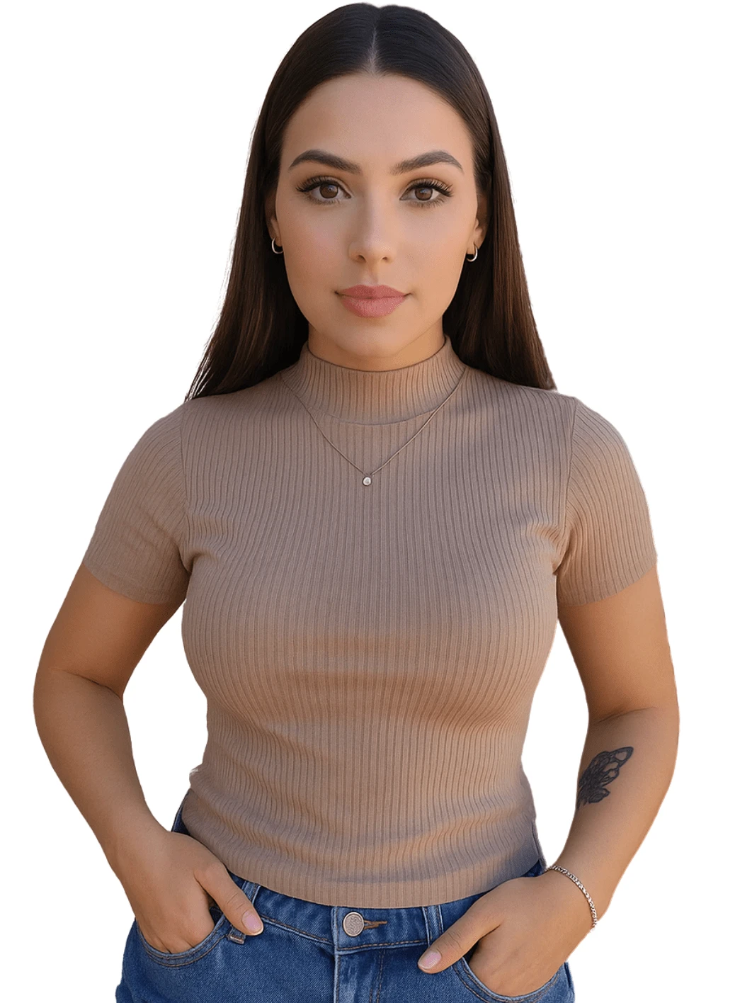 Women's Ribbed Turtleneck Short Sleeve Blouse - Desnudo - Ver 1