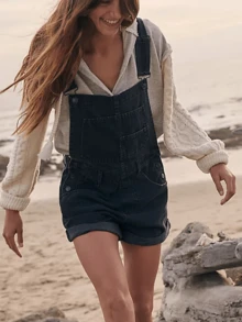 Women Summer Denim Bib Overalls Jumpsuits Adjustable Straps Romper With Pocket Casual Rolled Cuff Shortalls Streetwear - 黑色 - 查看 7