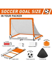 The 1PC4*3 Goal Set consists of 1 orange goal, a No. 3 soccer ball, 1 pump, 1 step ladder and 6 logo disc sets