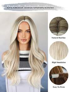 合成长款波浪渐变棕色至金色假发，中分，外观自然，适合日常佩戴和角色扮演 - 金色 - 查看 5