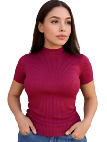 Women's Ribbed Turtleneck Short Sleeve Blouse - Color caoba - Ver 1