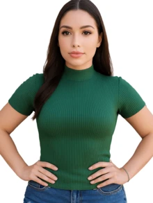 Women's Ribbed Turtleneck Short Sleeve Blouse - Army Green - View 1
