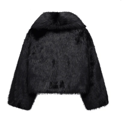 Camellia New Autumn/Winter Faux Fox Fur Collar Fashionable Short Jacket, Youthful Artificial Fur Coat Black