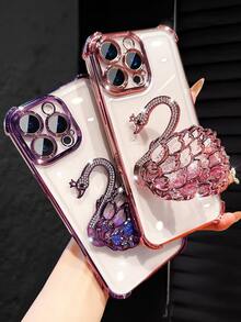 Ốp điện thoại mạ điện trong suốt màu tím sang trọng năm 2025, giá đỡ hình thiên nga sáng tạo, đính đá lấp lánh, phong cách Y2K, chống sốc, ốp bảo vệ silicon mềm thời trang mùa hè mới, tương thích với iPhone 16/16E/15/14/13/12/11/X/XS/XR/8/7 Plus/Pro/Max/Mini, Galaxy S24/S25 Ultra. Honor, Reno. Dành cho nữ, phiên bản quốc tế, không phải phiên bản nội địa. - Màu tím - Xem 6