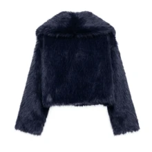 DEEKA 秋冬新款加厚仿皮草和皮革装饰时尚短款夹克，青春仿皮草大衣 - 藏青 - 查看 2