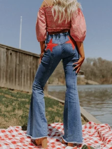 Women Back Stars High Waisted Flared Jeans Summer Y2k Star Pattern Raw Hem Slim Fit Bell Bottomed Denim Pants Vintage Jean Streetwear 4th Of July Outfits Independence Day Clothes - 藍色 - 查看 2